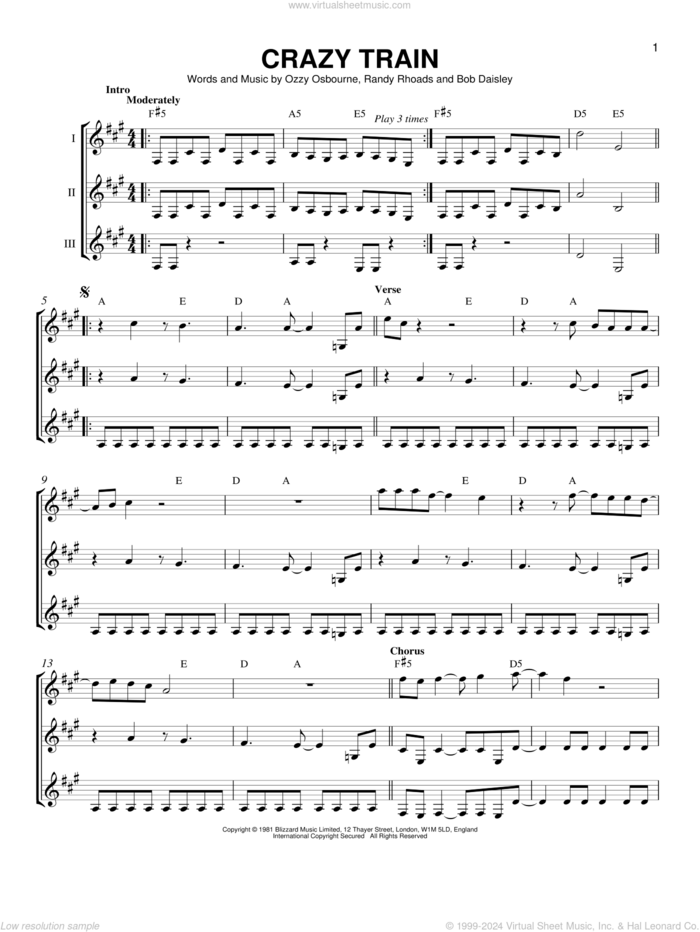 Crazy Train sheet music for guitar ensemble by Ozzy Osbourne, Bob Daisley and Randy Rhoads, intermediate skill level