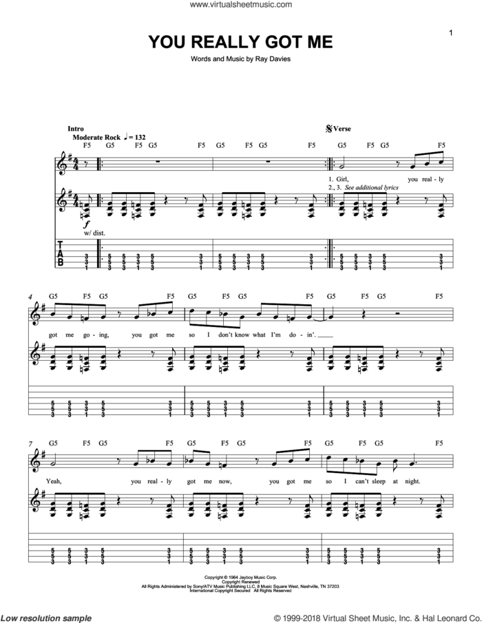 You Really Got Me sheet music for guitar solo (easy tablature) by The Kinks, Edward Van Halen and Ray Davies, easy guitar (easy tablature)