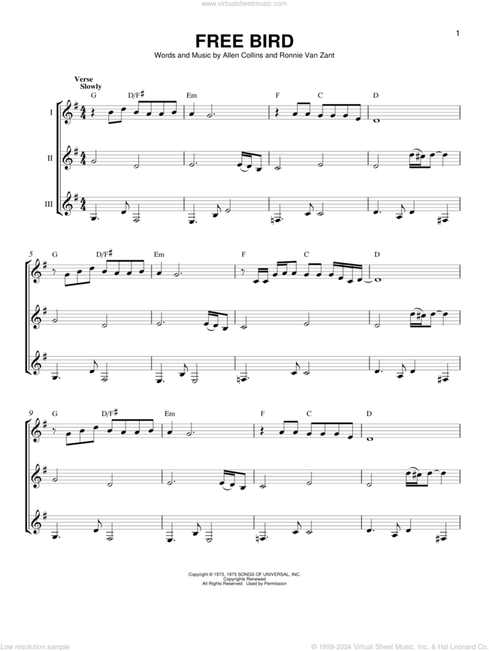 Free Bird sheet music for guitar ensemble by Lynyrd Skynyrd, Allen Collins and Ronnie Van Zant, intermediate skill level