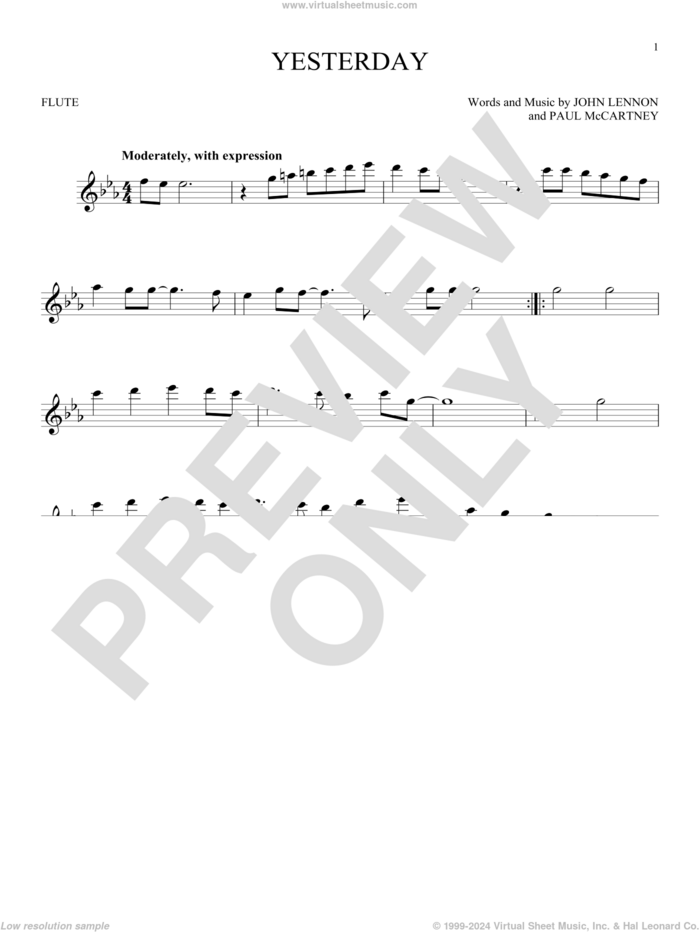 Yesterday sheet music for flute solo by The Beatles, Adam Levine & Tony Lucca, Boyz II Men, En Vogue, John Lennon and Paul McCartney, intermediate skill level