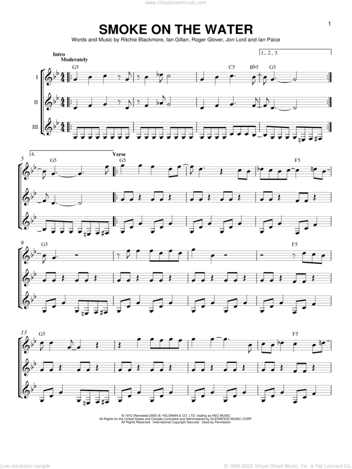 Smoke On The Water sheet music for guitar ensemble by Deep Purple, Ian Gillan, Ian Paice, Jon Lord, Ritchie Blackmore and Roger Glover, intermediate skill level