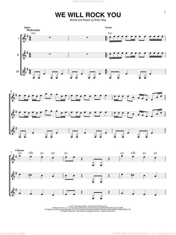 We Will Rock You sheet music for guitar ensemble by Queen and Brian May, intermediate skill level