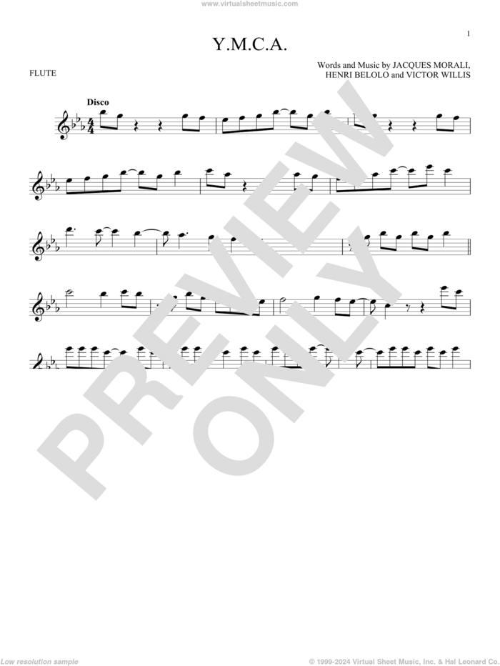 Y.M.C.A. sheet music for flute solo by Village People, Henri Belolo, Jacques Morali and Victor Willis, intermediate skill level