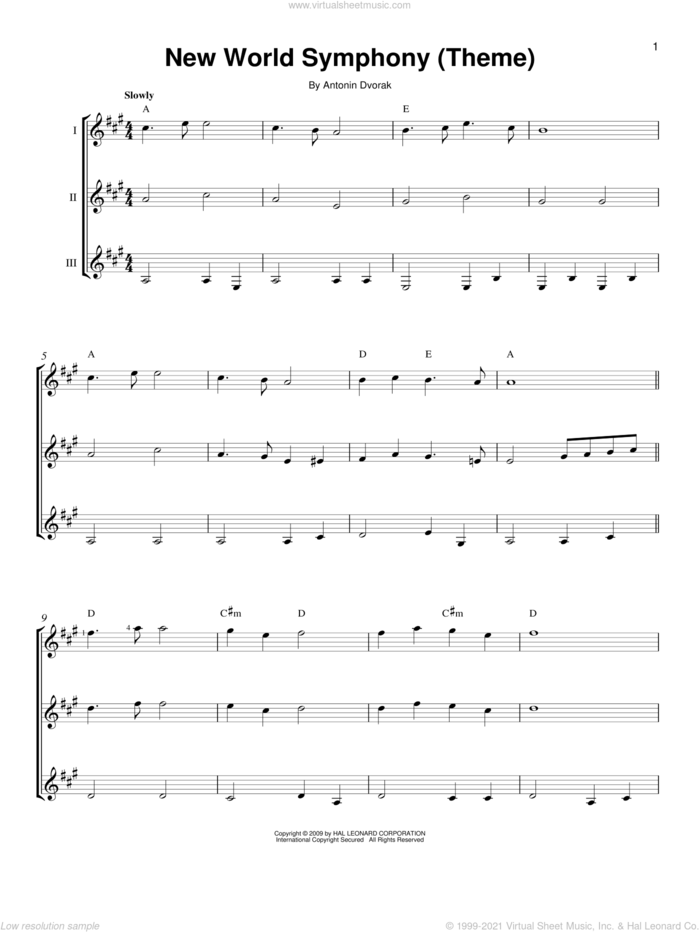New World Symphony (Theme) sheet music for guitar ensemble by Antonin Dvorak and Antonin Dvorak, classical score, intermediate skill level