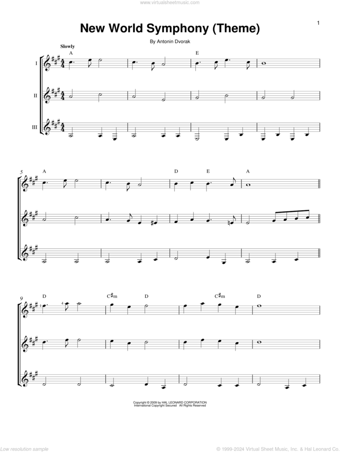 New World Symphony (Theme) sheet music for guitar ensemble by Antonin Dvorak and Antonin Dvorak, classical score, intermediate skill level