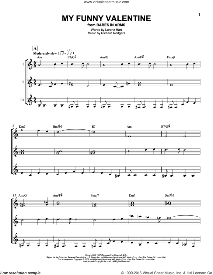 My Funny Valentine sheet music for guitar ensemble by Rodgers & Hart, Lorenz Hart and Richard Rodgers, intermediate skill level