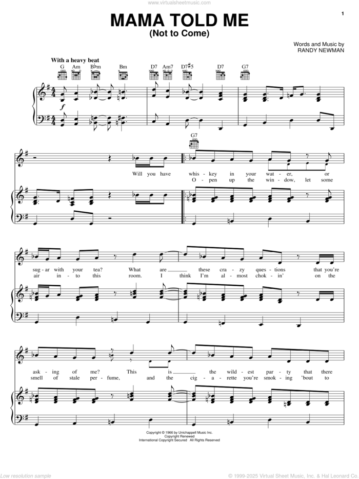 Mama Told Me (Not To Come) sheet music for voice, piano or guitar by Three Dog Night and Randy Newman, intermediate skill level