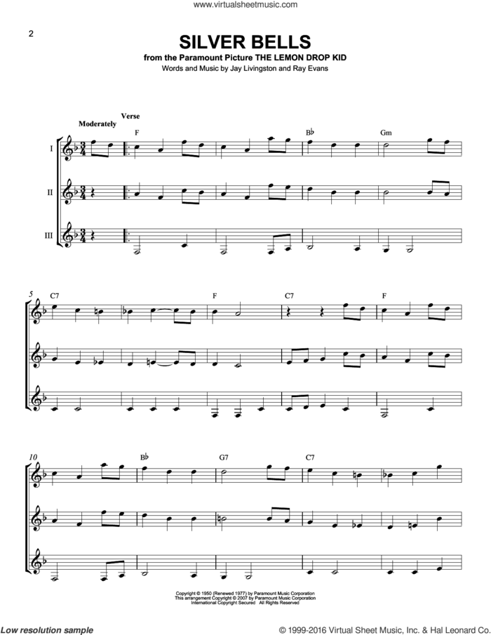 Silver Bells sheet music for guitar ensemble by Ray Evans and J Arnold, intermediate skill level