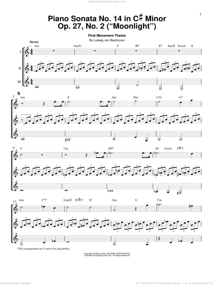 Piano Sonata No. 14 In C# Minor (Moonlight) Op. 27 No. 2 First Movement Theme sheet music for guitar ensemble by Ludwig van Beethoven, classical score, intermediate skill level