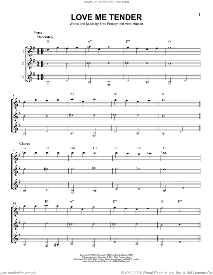 Love Me Tender sheet music for guitar ensemble by Elvis Presley and Vera Matson, wedding score, intermediate skill level