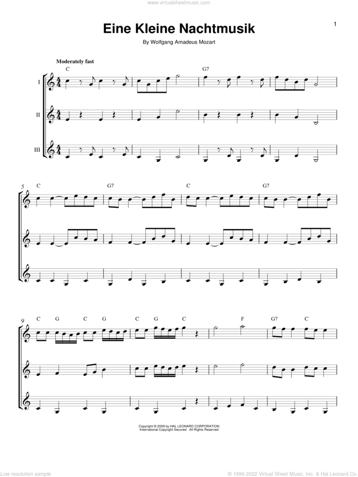 Eine Kleine Nachtmusik sheet music for guitar ensemble by Wolfgang Amadeus Mozart, classical wedding score, intermediate skill level
