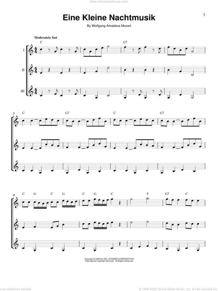 Eine Kleine Nachtmusik sheet music for guitar ensemble by Wolfgang Amadeus Mozart, classical wedding score, intermediate skill level