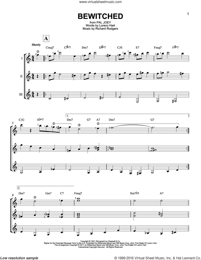Bewitched sheet music for guitar ensemble by Rodgers & Hart, Lorenz Hart and Richard Rodgers, intermediate skill level