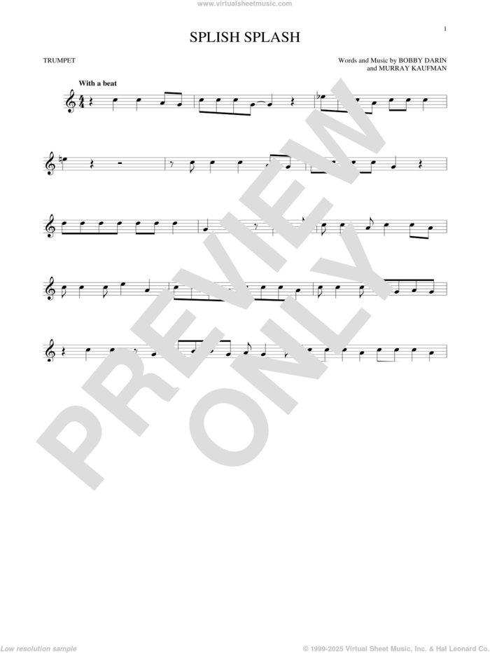 Splish Splash sheet music for trumpet solo by Bobby Darin and Murray Kaufman, intermediate skill level