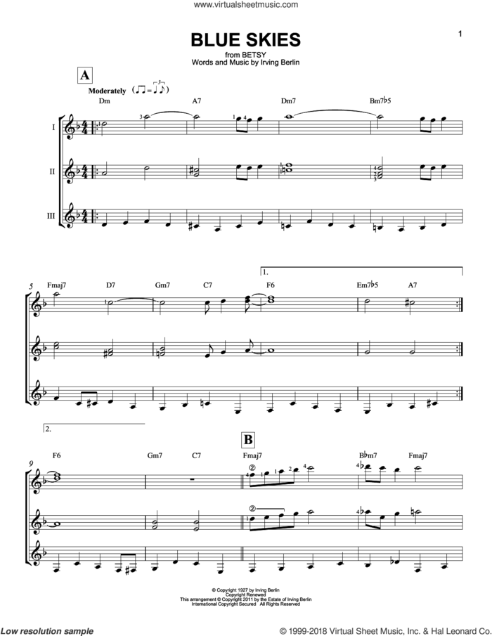 Blue Skies sheet music for guitar ensemble by Irving Berlin and Willie Nelson, wedding score, intermediate skill level