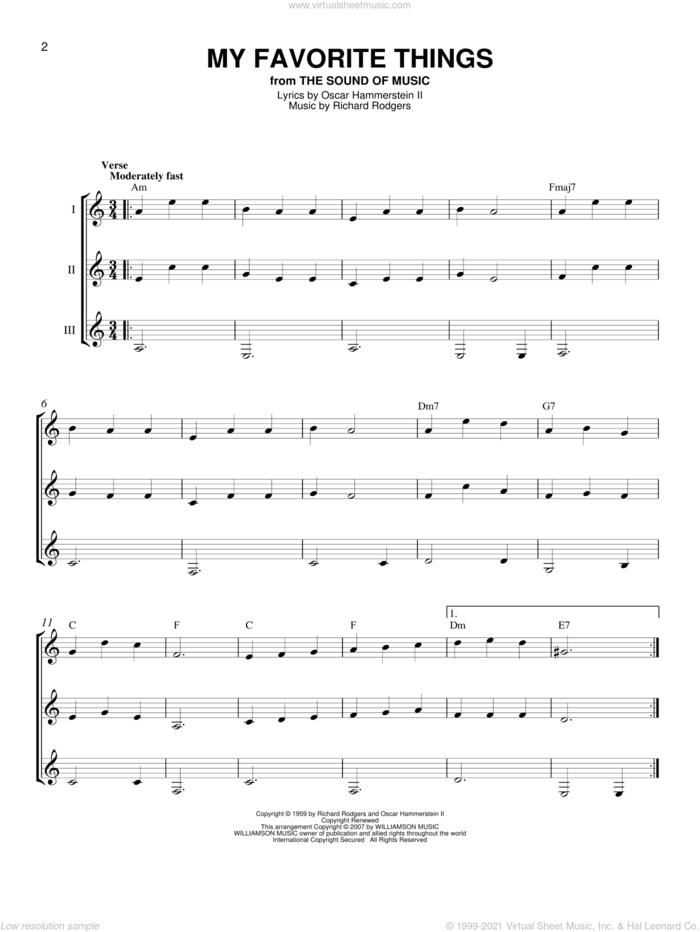 My Favorite Things sheet music for guitar ensemble by Rodgers & Hammerstein, Chicago, Lorrie Morgan and Richard Rodgers, intermediate skill level