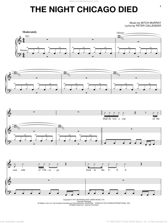 The Night Chicago Died sheet music for voice, piano or guitar by Paper Lace, Mitch Murray and Peter Callander, intermediate skill level