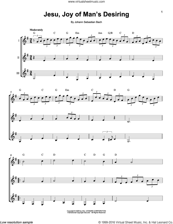 Jesu, Joy Of Man's Desiring sheet music for guitar ensemble by Johann Sebastian Bach, classical wedding score, intermediate skill level
