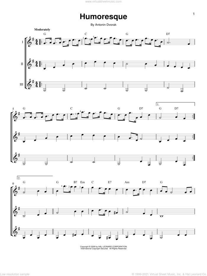 Humoresque sheet music for guitar ensemble by Antonin Dvorak and Anton DvorAk, classical score, intermediate skill level