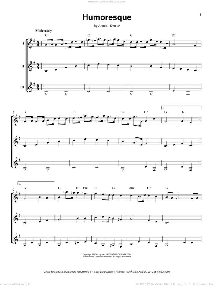 Humoresque sheet music for guitar ensemble by Antonin Dvorak and Anton DvorAk, classical score, intermediate skill level