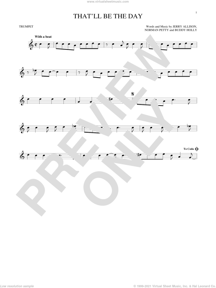 That'll Be The Day sheet music for trumpet solo by The Crickets, Buddy Holly, Jerry Allison and Norman Petty, intermediate skill level