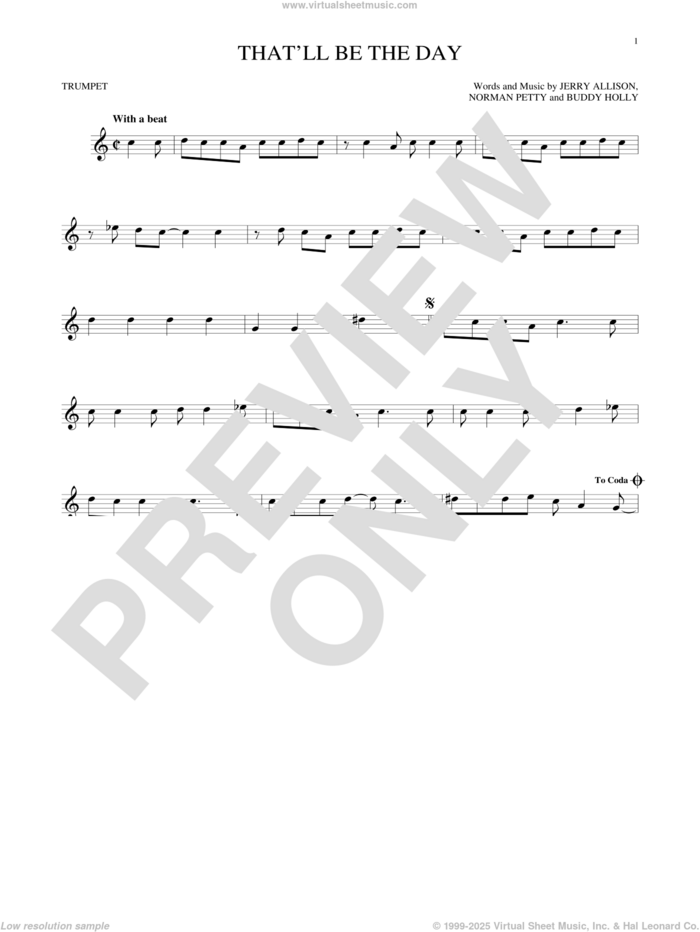 That'll Be The Day sheet music for trumpet solo by The Crickets, Buddy Holly, Jerry Allison and Norman Petty, intermediate skill level