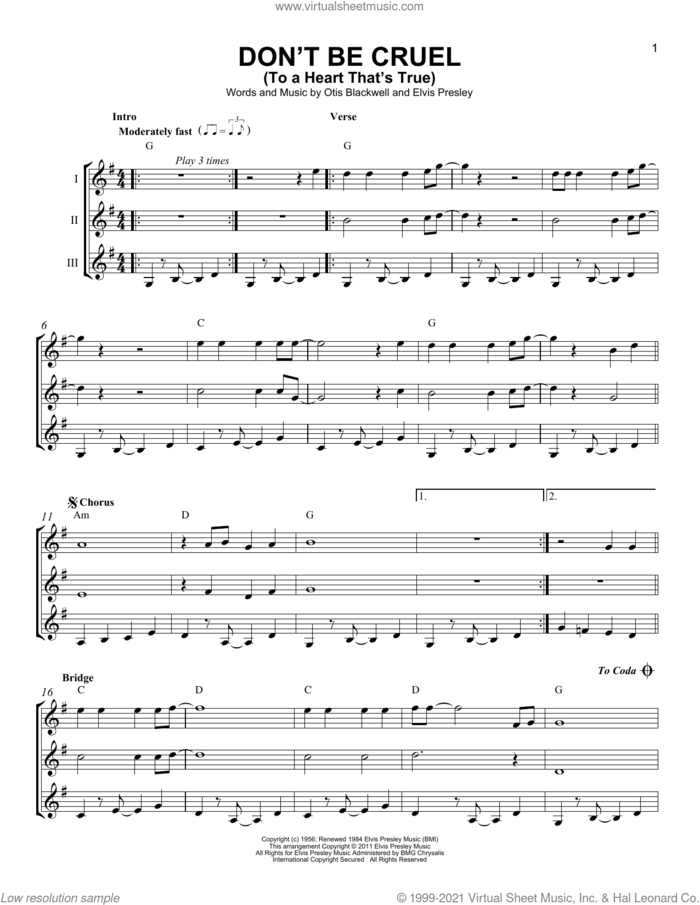 Don't Be Cruel (To A Heart That's True) sheet music for guitar ensemble by Elvis Presley and Otis Blackwell, intermediate skill level