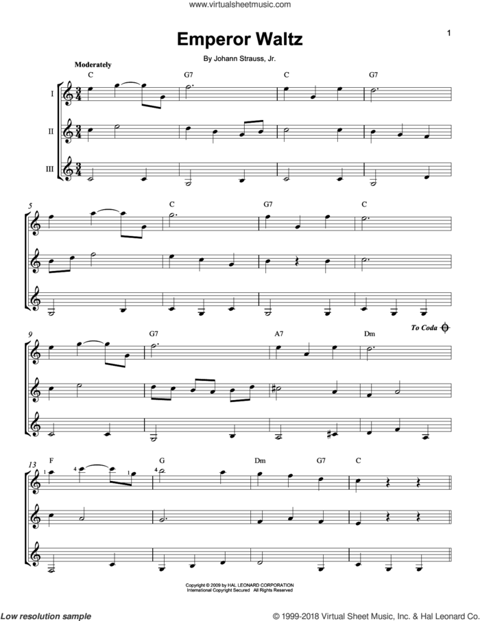 Emperor Waltz sheet music for guitar ensemble by Johann Strauss, Jr., classical score, intermediate skill level