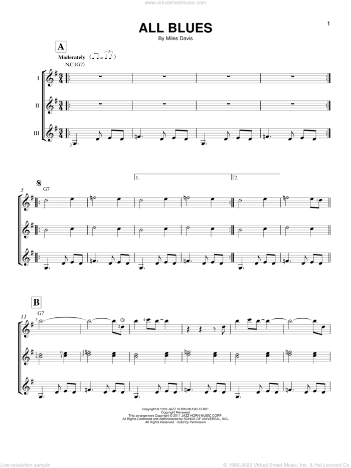 All Blues sheet music for guitar ensemble by Miles Davis and John Coltrane, intermediate skill level