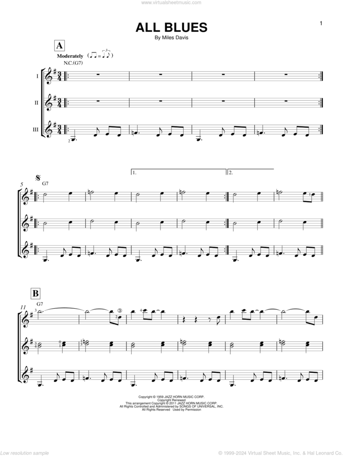 All Blues sheet music for guitar ensemble by Miles Davis and John Coltrane, intermediate skill level