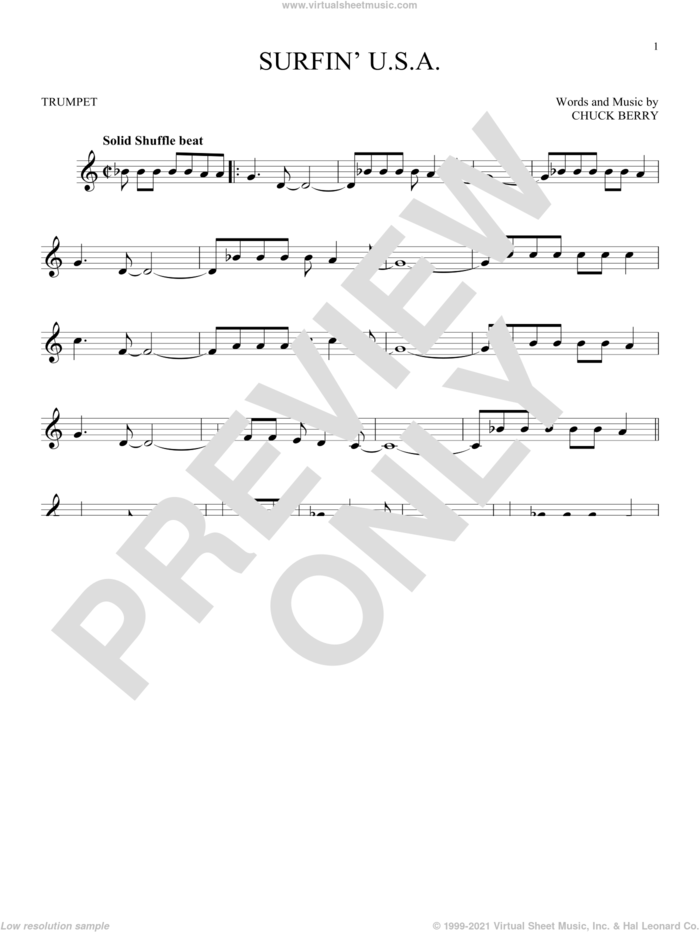 Surfin' U.S.A. sheet music for trumpet solo by The Beach Boys and Chuck Berry, intermediate skill level