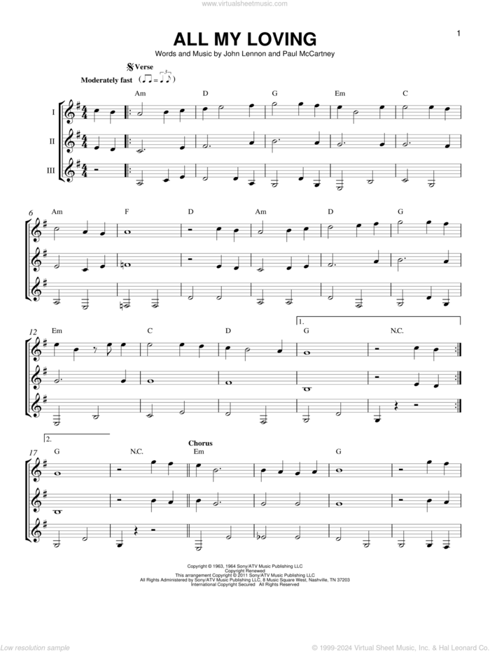 All My Loving sheet music for guitar ensemble by The Beatles, John Lennon and Paul McCartney, intermediate skill level