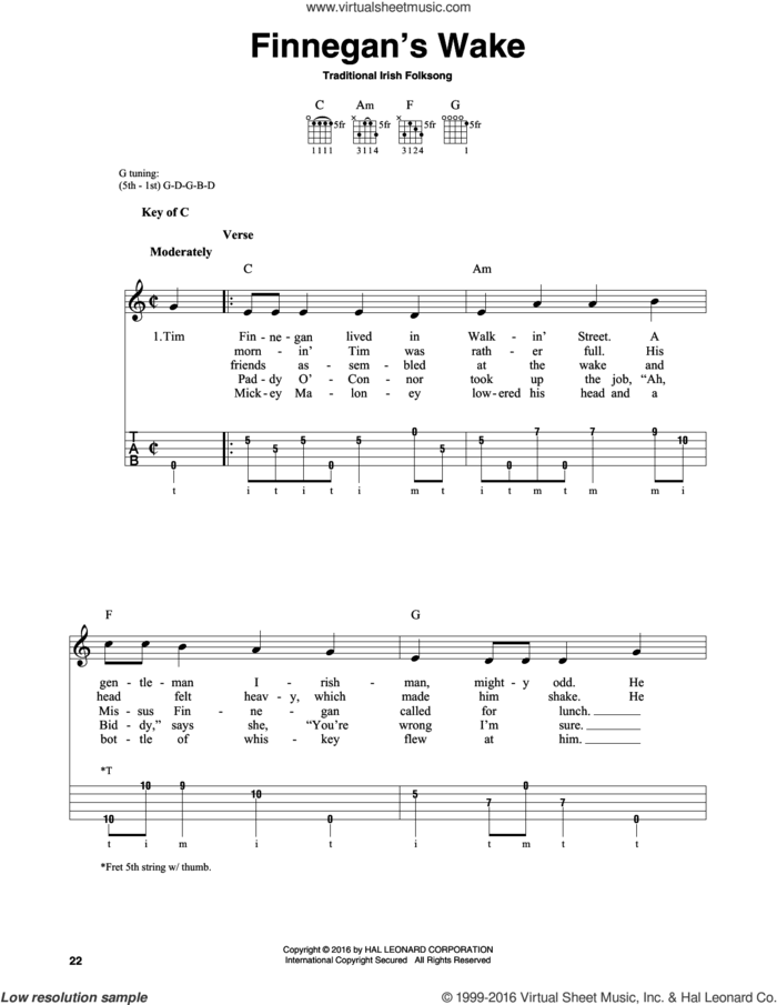 Finnegan's Wake sheet music for banjo solo, intermediate skill level