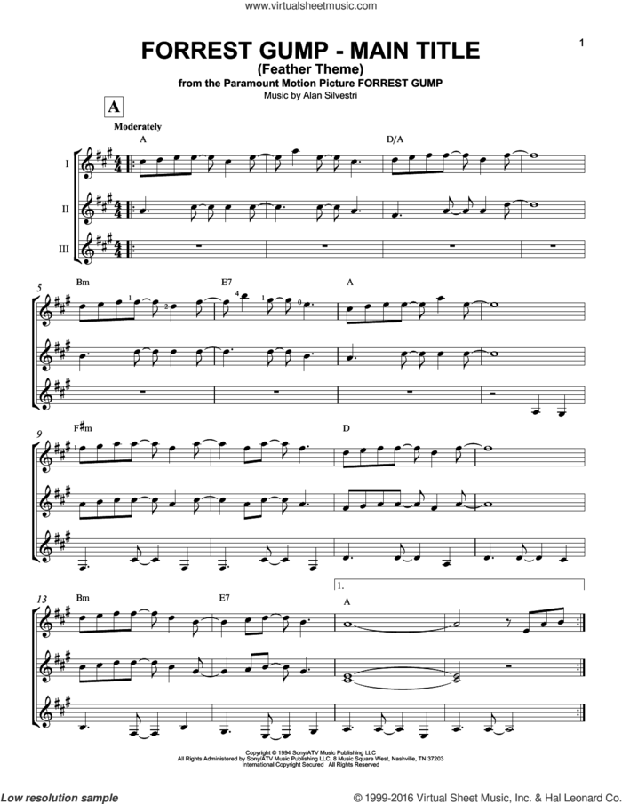 Forrest Gump - Main Title (Feather Theme) sheet music for guitar ensemble by Alan Silvestri, intermediate skill level