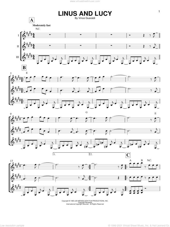 Linus And Lucy sheet music for guitar ensemble by Vince Guaraldi, intermediate skill level