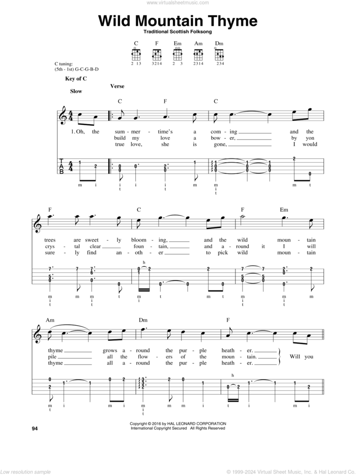 Wild Mountain Thyme sheet music for banjo solo, intermediate skill level