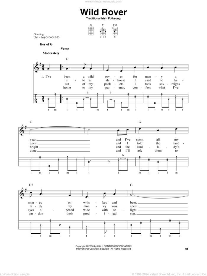 Wild Rover sheet music for banjo solo, intermediate skill level