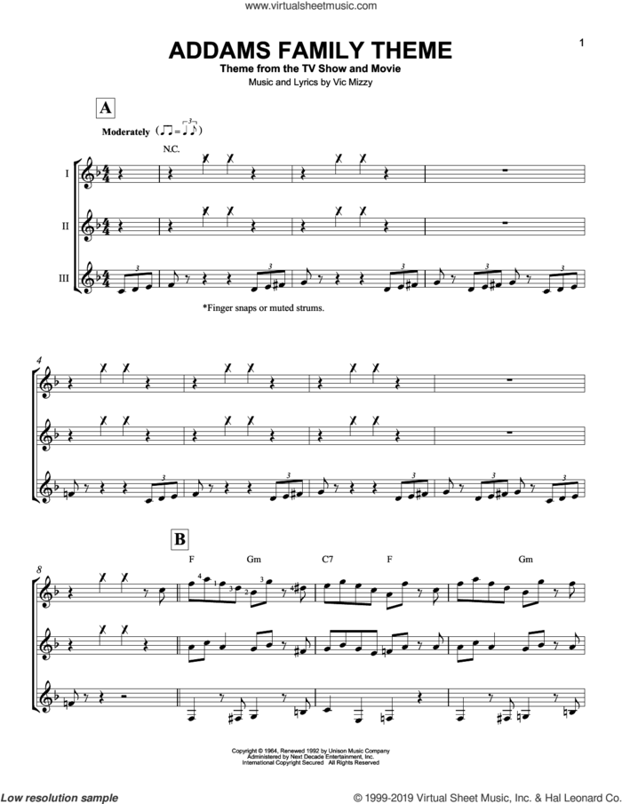 The Addams Family Theme sheet music for guitar ensemble by Vic Mizzy, intermediate skill level