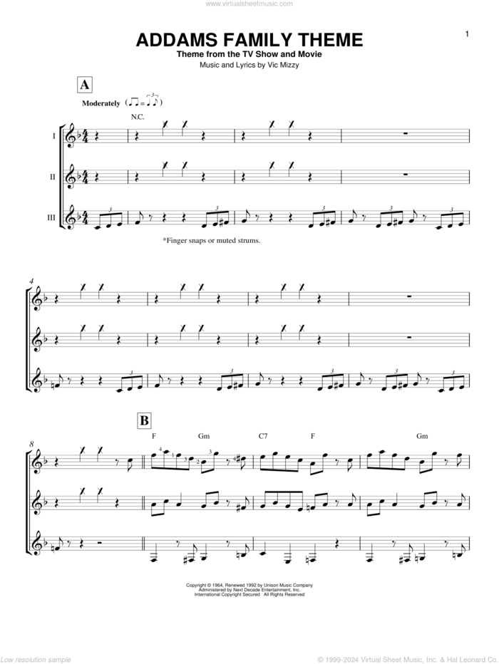 The Addams Family Theme sheet music for guitar ensemble by Vic Mizzy, intermediate skill level