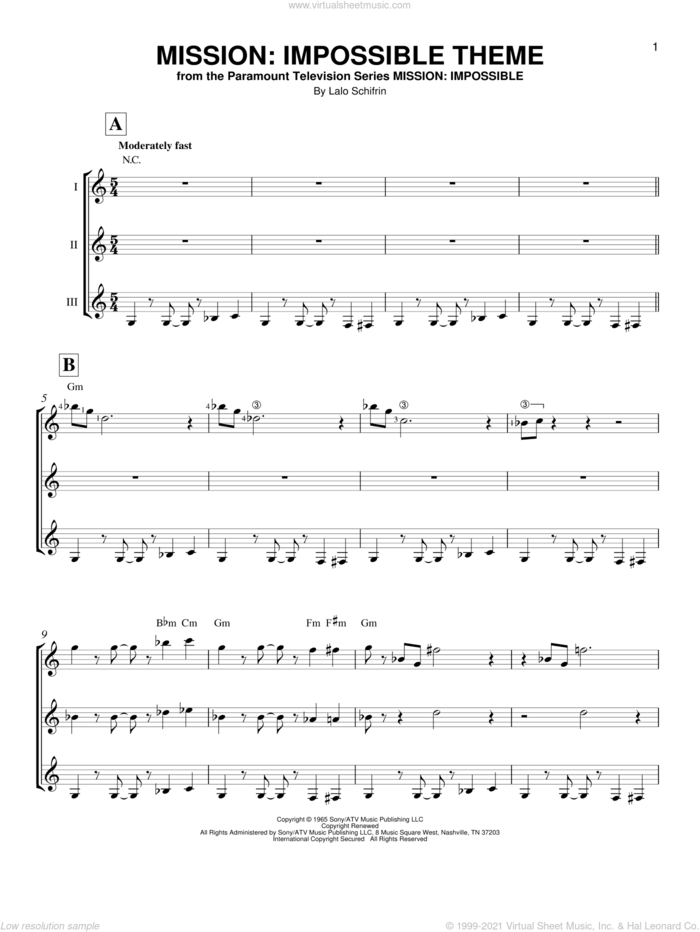 Mission: Impossible Theme sheet music for guitar ensemble by Lalo Schifrin and Adam Clayton and Larry Mullen, intermediate skill level