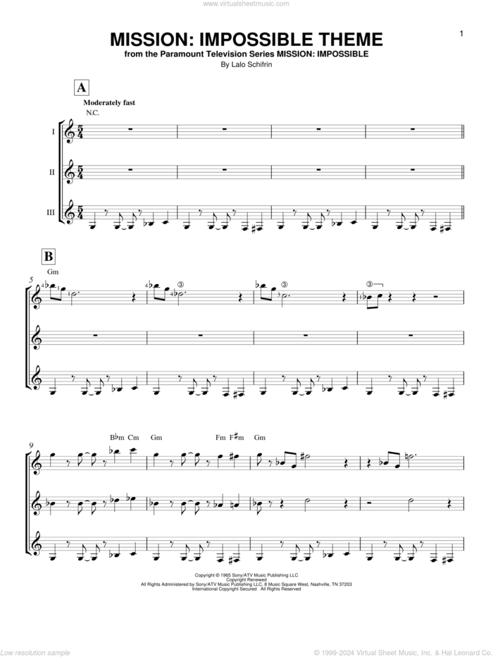 Mission: Impossible Theme sheet music for guitar ensemble by Lalo Schifrin and Adam Clayton and Larry Mullen, intermediate skill level