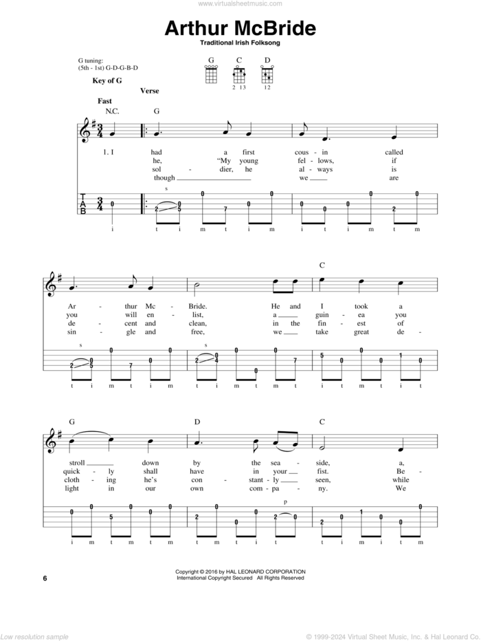 Arthur McBride sheet music for banjo solo, intermediate skill level