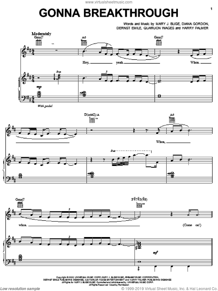 Gonna Breakthrough sheet music for voice, piano or guitar by Mary J. Blige, Dernst Emile, Diana Gordon, Harry Palmer and Quaruon Wages, intermediate skill level