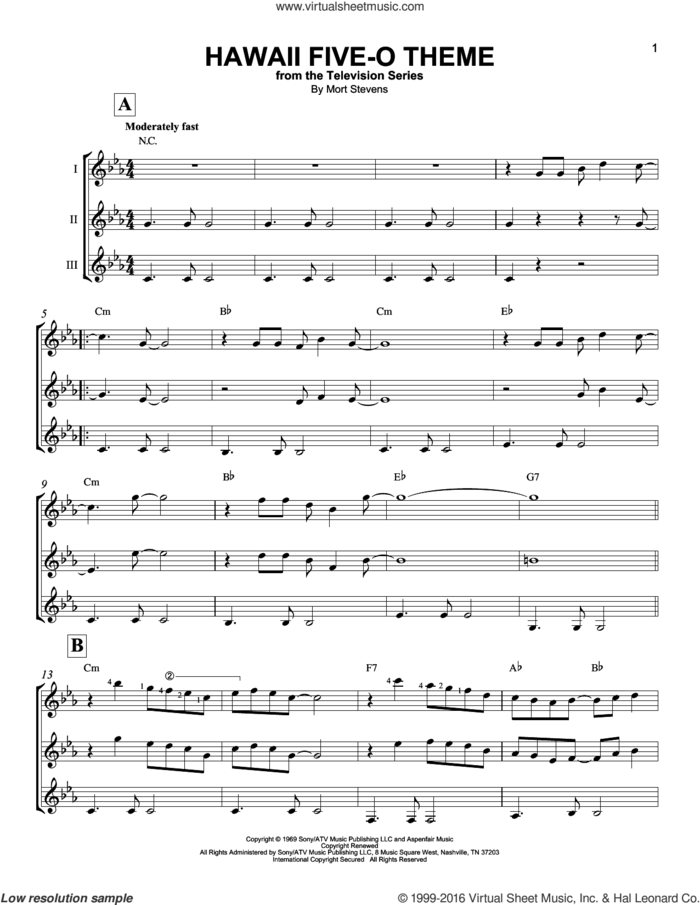 Hawaii Five-O Theme sheet music for guitar ensemble by The Ventures and Mort Stevens, intermediate skill level