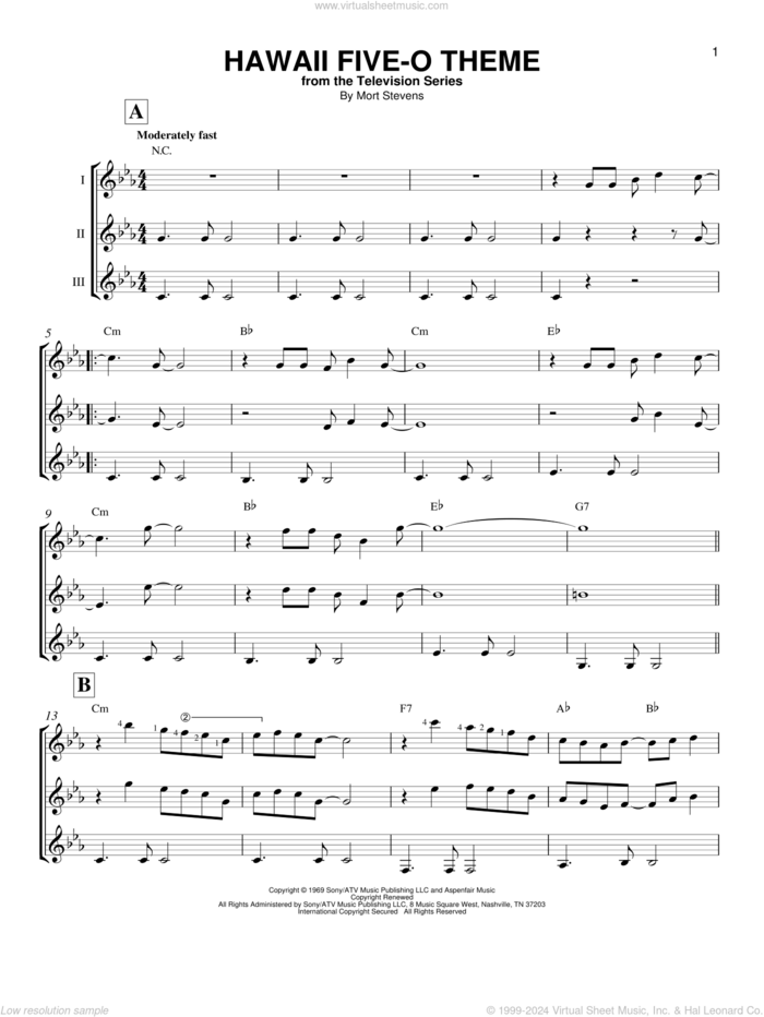 Hawaii Five-O Theme sheet music for guitar ensemble by The Ventures and Mort Stevens, intermediate skill level