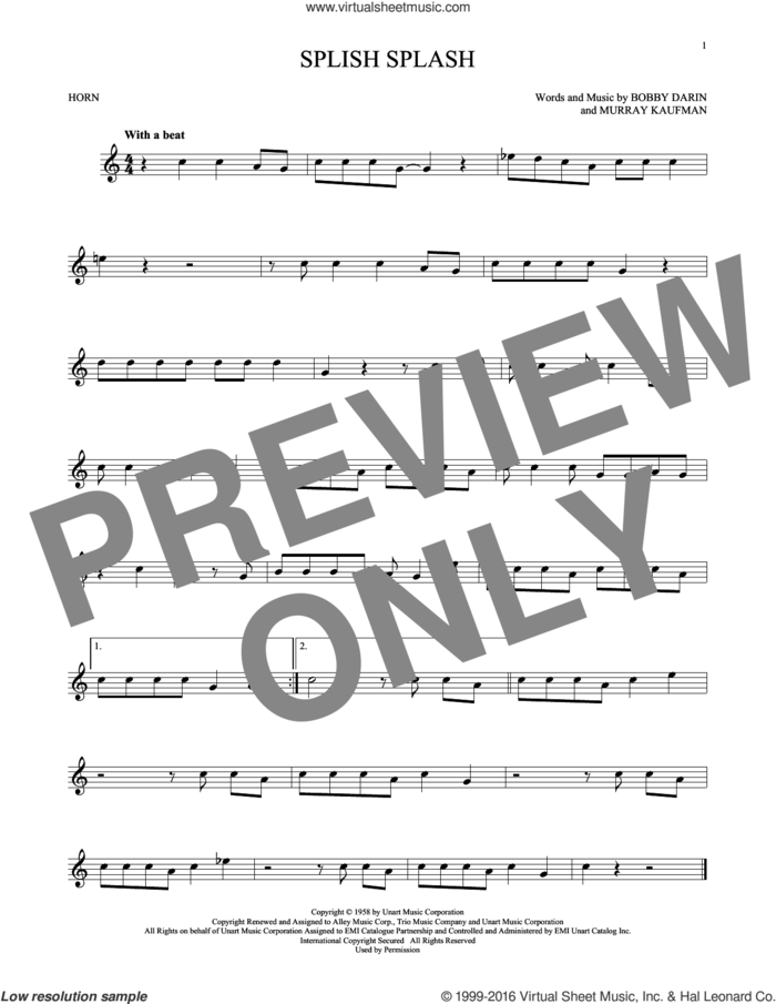 Splish Splash sheet music for horn solo by Bobby Darin and Murray Kaufman, intermediate skill level