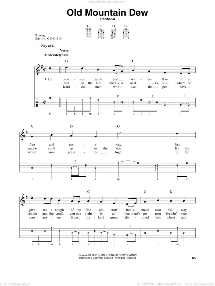 Old Mountain Dew sheet music for banjo solo, intermediate skill level