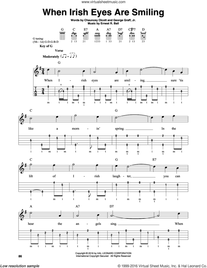 When Irish Eyes Are Smiling sheet music for banjo solo by Ernest R. Ball, Chauncey Olcott and George Graff Jr., intermediate skill level