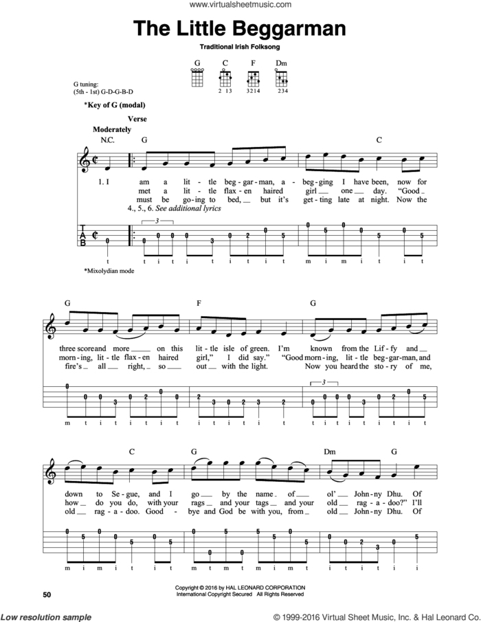 The Little Beggarman sheet music for banjo solo, intermediate skill level