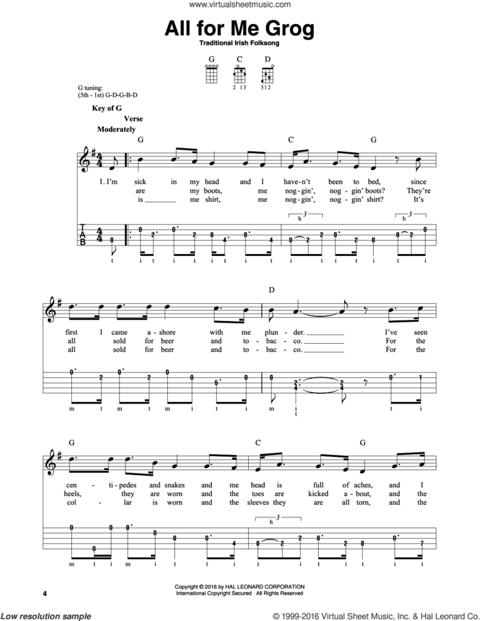 All For Me Grog sheet music for banjo solo by Traditional Irish Folksong, intermediate skill level